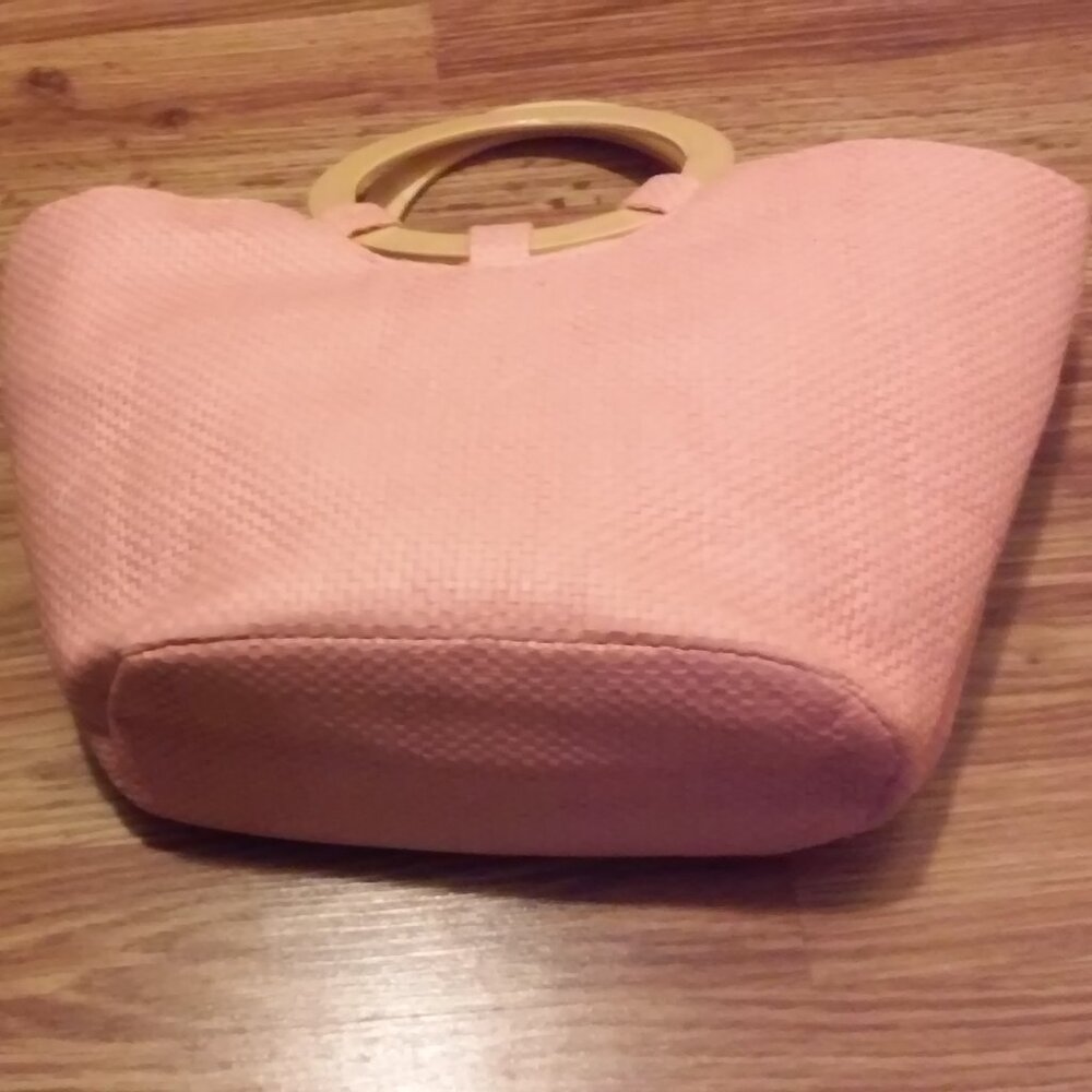 Pink Purse Tote 2 Blond Color Wood Handles 13" High 16" Across